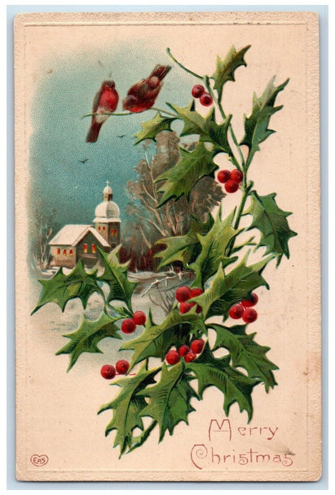 c1910's Christmas Love Birds Holly Berries Church Winter Snow Embossed Postcard