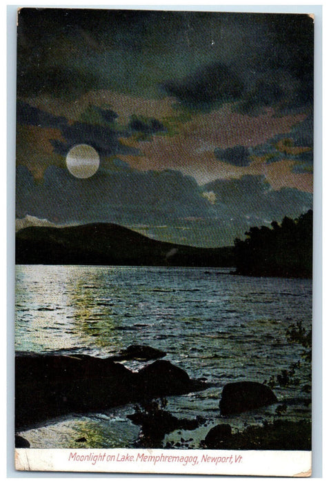 1909 Moonlight On Lake Memphremagog Newport Vermont VT Antique Posted Postcard