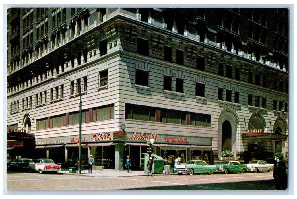 La Salle Hotel Building Pharmacy Car-lined Scene Chicago Illinois IL Postcard