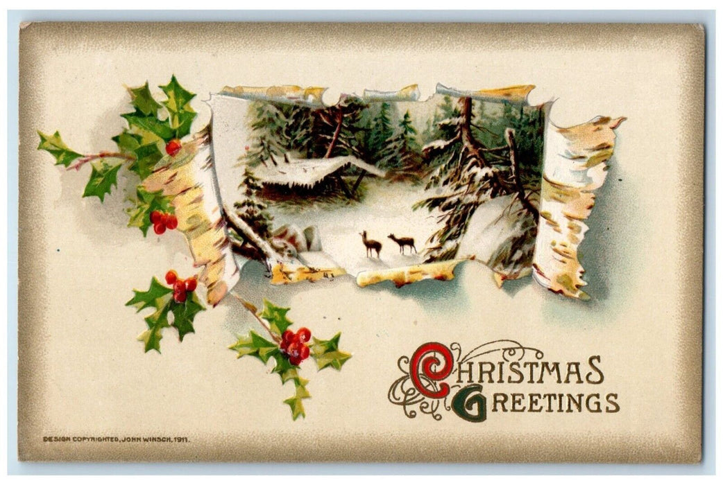 1911 Christmas Greetings Holly Winter Snow John Winsch Artist Signed Postcard