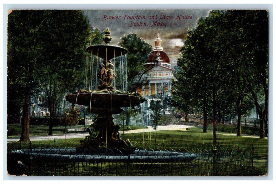 1912 Brewer Fountain And State House Boston Massachusetts MA Antique Postcard