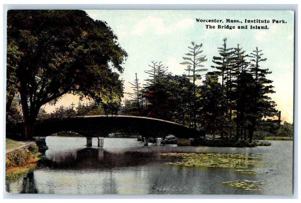 View Of Institute Park The Bridge And Island Worcester Massachusetts MA Postcard