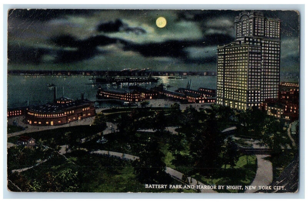 1916 Battery Park And Harbor By Night Moonlight View New York City NY Postcard