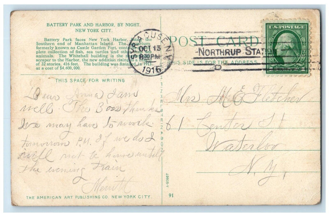 1916 Battery Park And Harbor By Night Moonlight View New York City NY Postcard