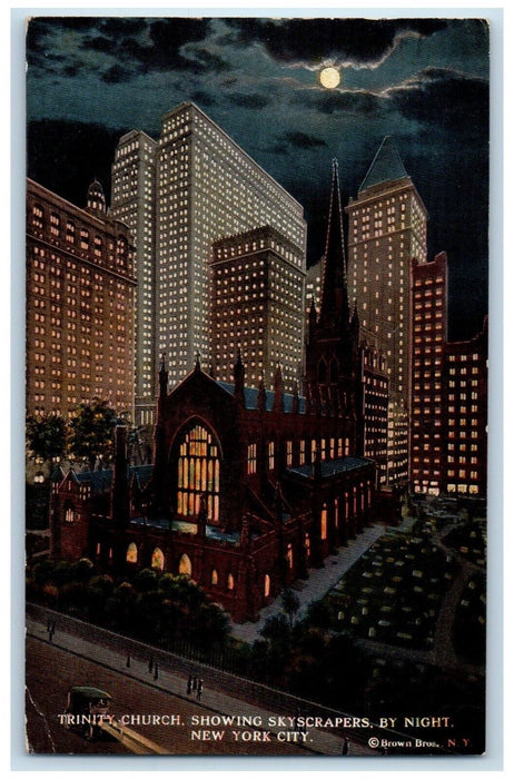 1919 Trinity Church Showing Skyscraper By Night New York City NY Posted Postcard