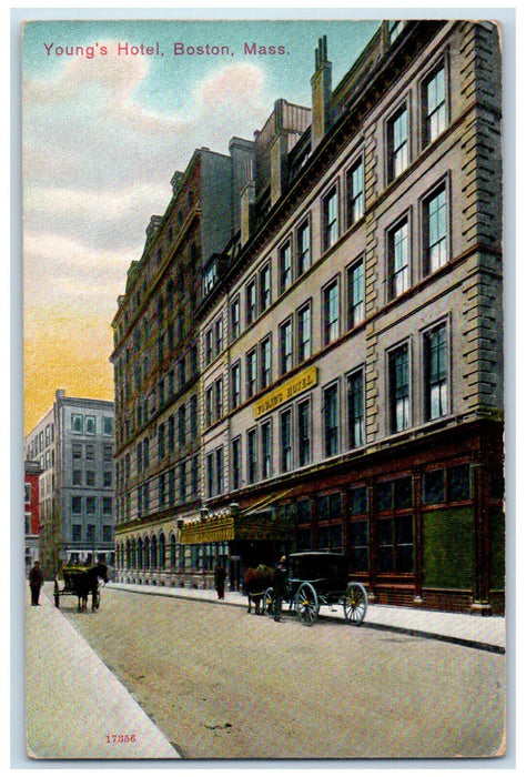 1909 Young's Hotel Building Horse Carriage View Boston Massachusetts MA Postcard