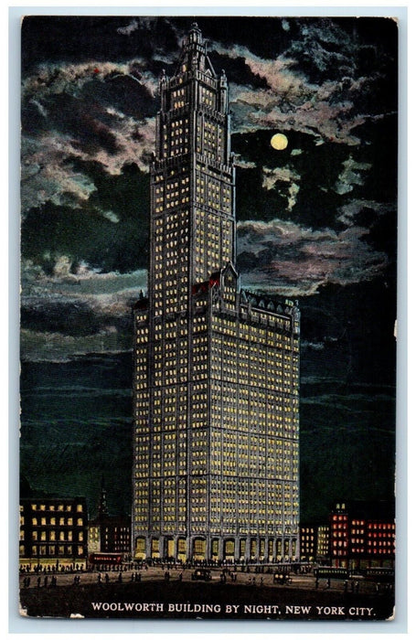 1914 Woolworth Building By Night Moonlight View New York City NY Posted Postcard
