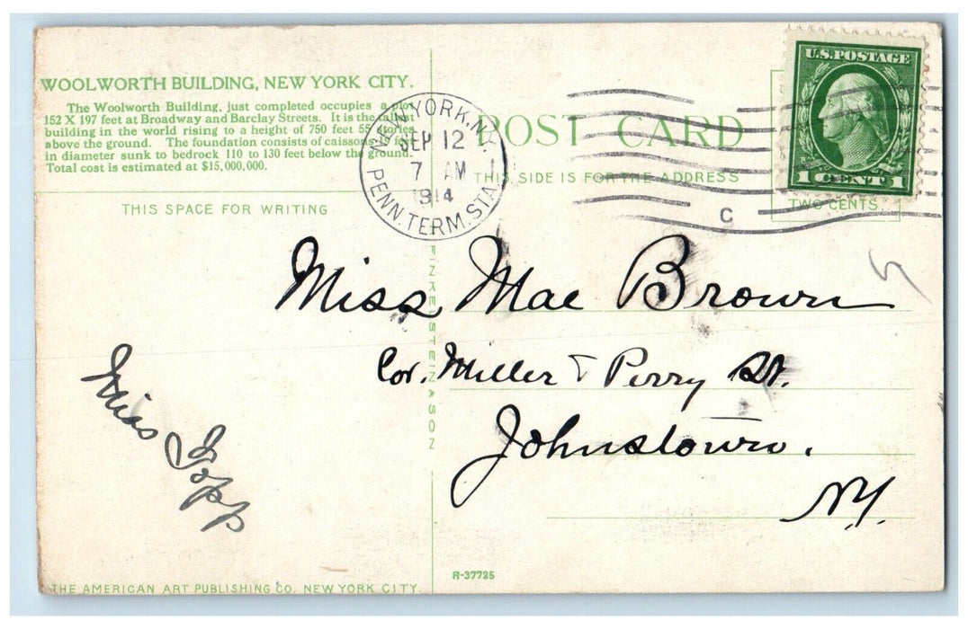 1914 Woolworth Building By Night Moonlight View New York City NY Posted Postcard