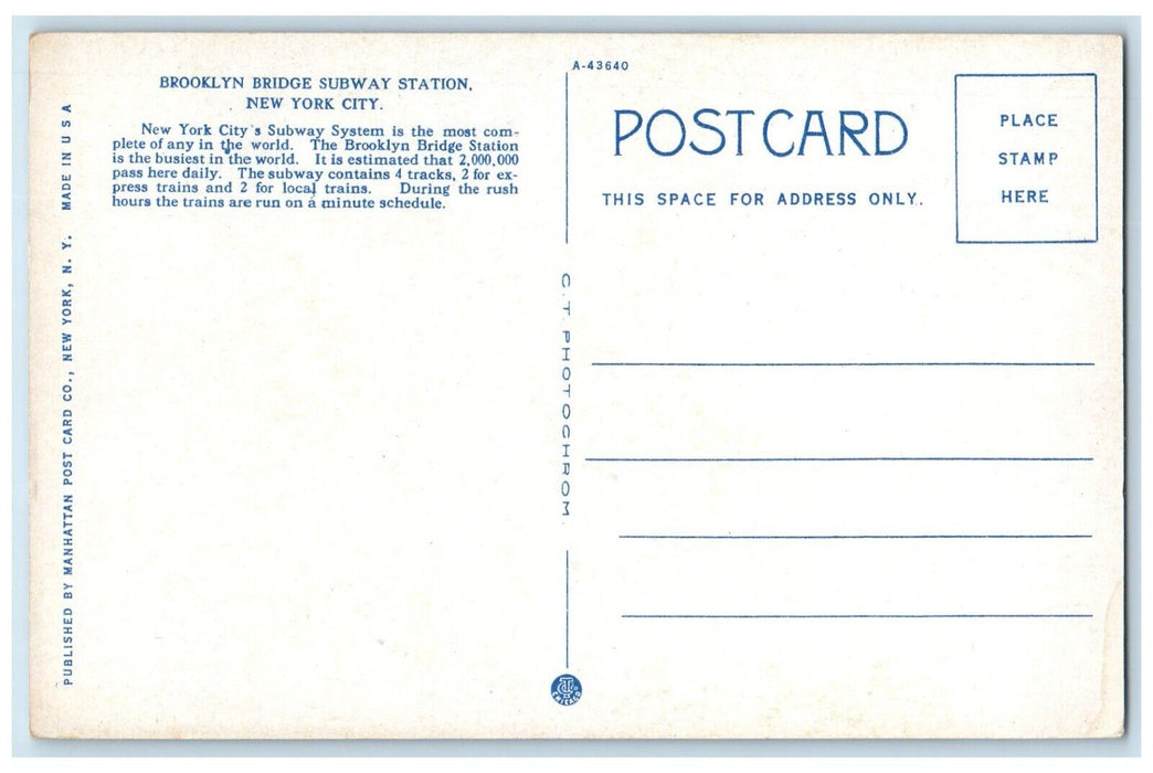 c1930's Brooklyn Bridge Subway Station New York City NY, Railroad Train Postcard
