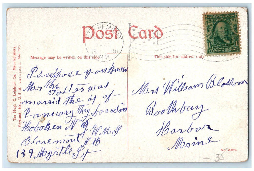 1908 Hotel Claremont Claremont New Hampshire NH Hugh C Leighton Co. Postcard