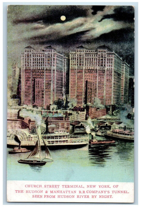 Church Street Terminal Hudson And Manhattan R.R. River By Night NY Postcard