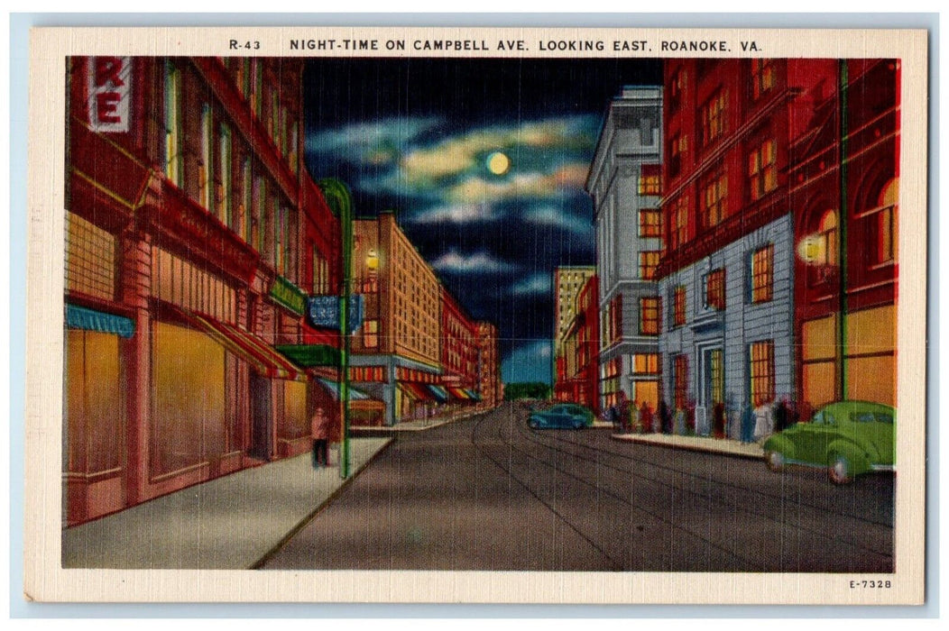 c1940 Night Time Campbell Ave Looking East Roanoke Virginia VA Vintage Postcard