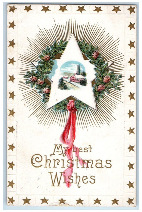 1913 Christmas Pine Cone Star House Winter Snow Winsch Back Antique Postcard