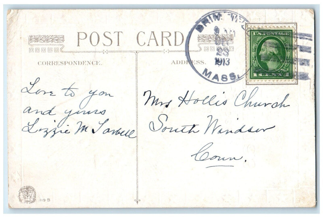 1913 Christmas Pine Cone Star House Winter Snow Winsch Back Antique Postcard
