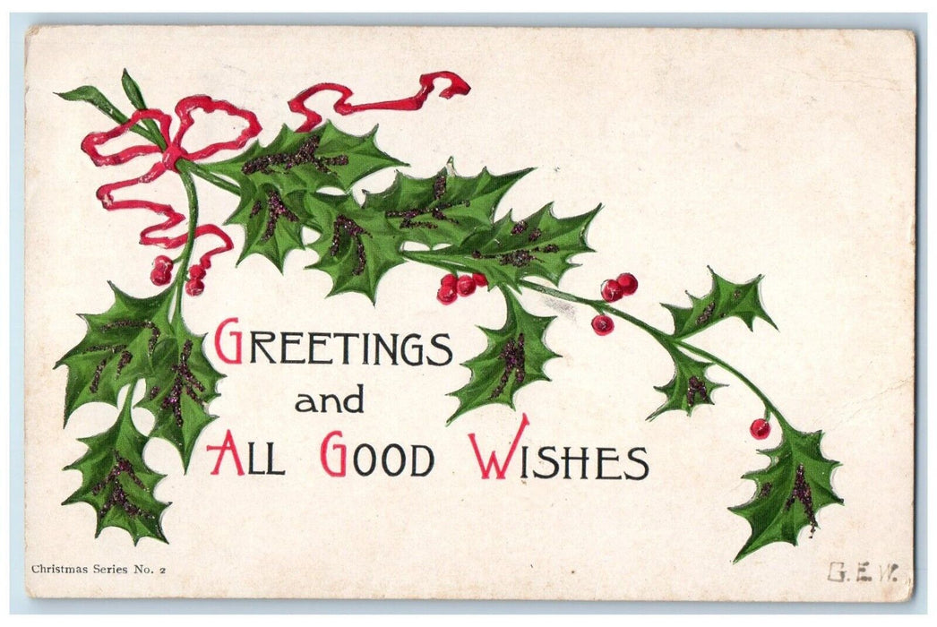 1906 Christmas Greetings Holly Berries Ribbon Glitter Waltham MA Posted Postcard