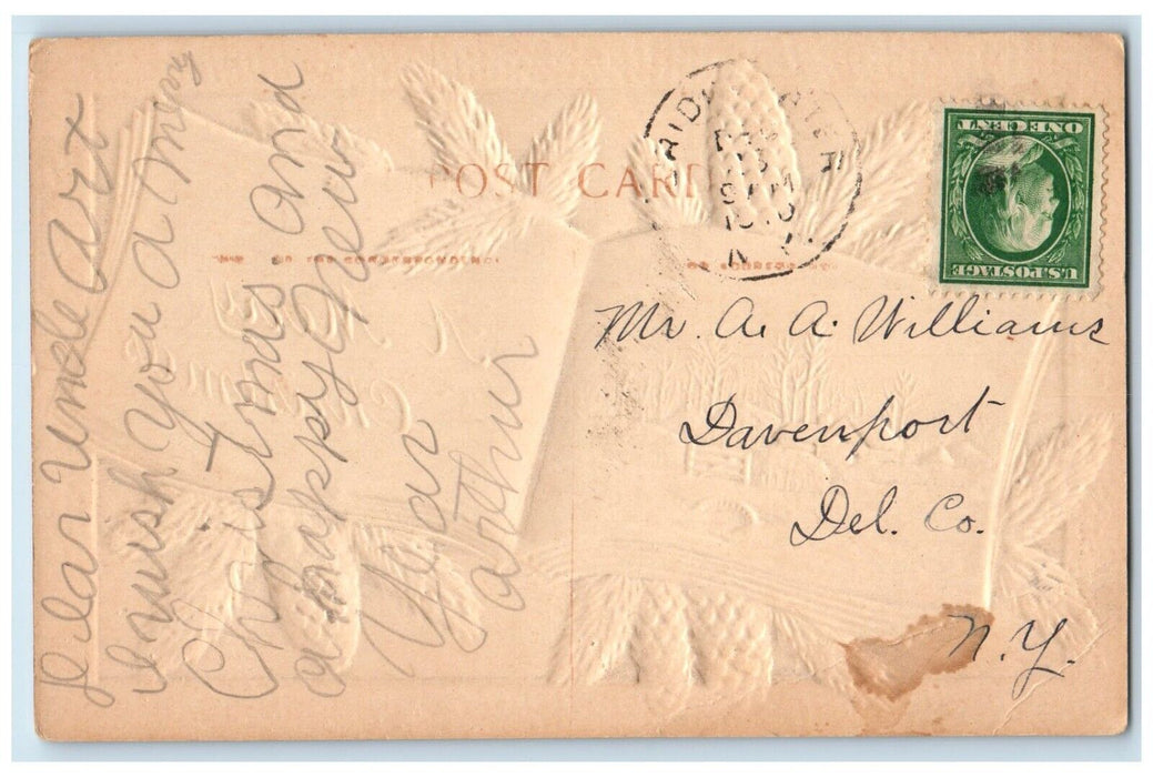 c1910's Christmas Pine Cone Books Airbrushed Embossed Posted Antique Postcard