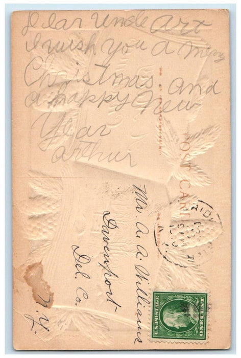 c1910's Christmas Pine Cone Books Airbrushed Embossed Posted Antique Postcard