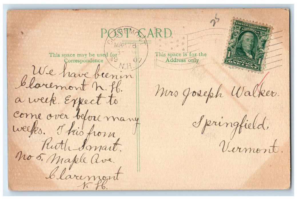 1907 New Library Building Claremont New Hampshire NH Posted Postcard