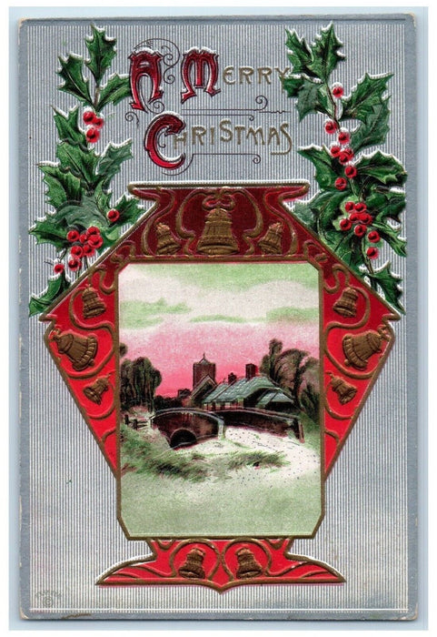 1910 Christmas Holly Winter Snow House Embossed Worcester NY Antique Postcard