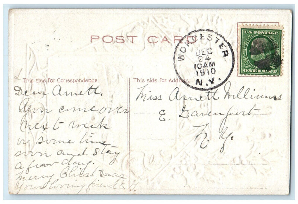 1910 Christmas Holly Winter Snow House Embossed Worcester NY Antique Postcard