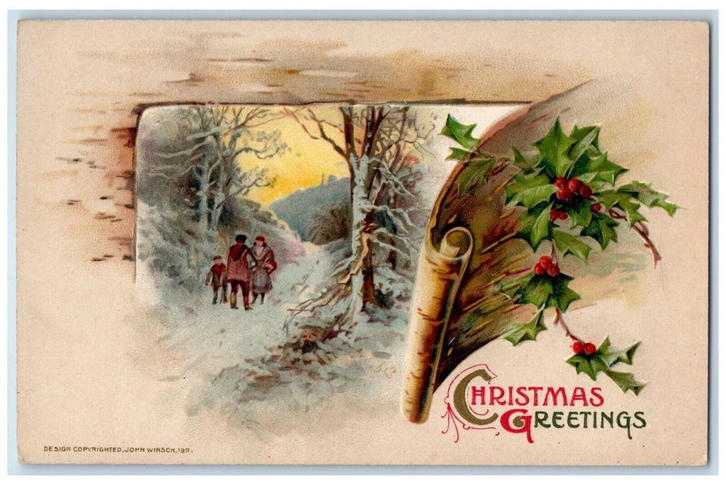 1911 Christmas Greetings People Walking Winter Snow John Winsch Antique Postcard