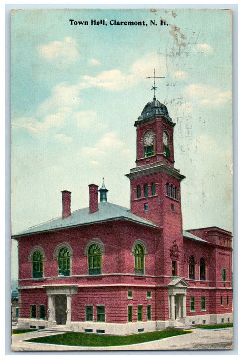 1913 Front View Town Hall Claremont New Hampshire NH Antique Posted Postcard