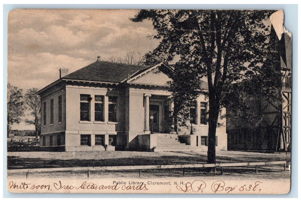 1907 Public Library Claremont New Hampshire NH Posted Antique Postcard