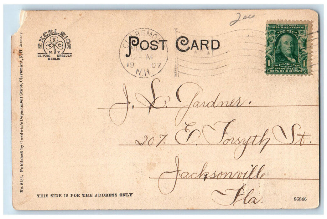 1907 Public Library Claremont New Hampshire NH Posted Antique Postcard