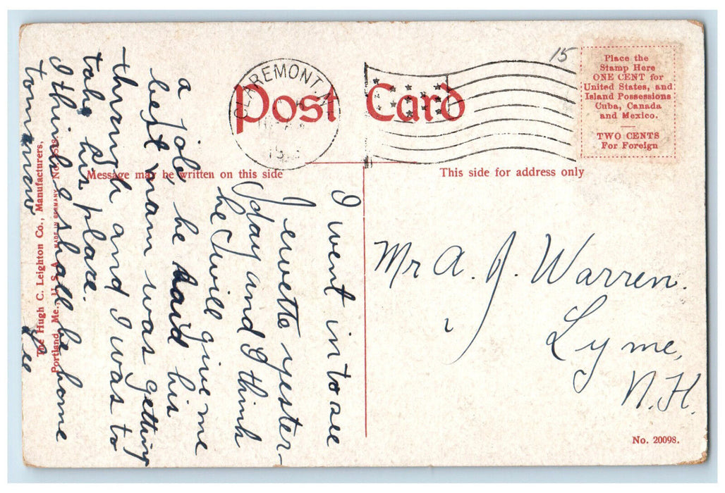 c1910 Green Mountain Claremont New Hampshire NH Hugh C Leighton Co Postcard