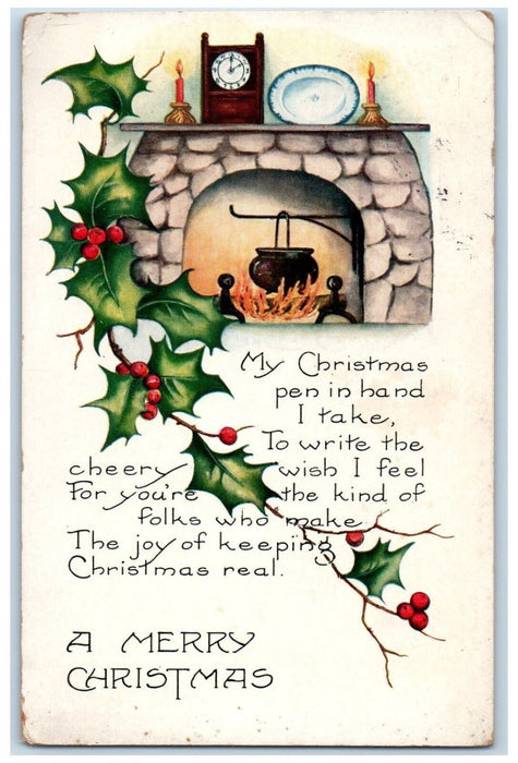1924 Christmas Cooking Fire Candles Clock Holly Berries Embossed Posted Postcard
