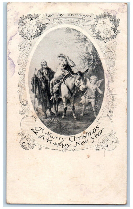 c1900's Christmas & Happy New Year Jesus Mary Riding Horse Led By Angel Postcard