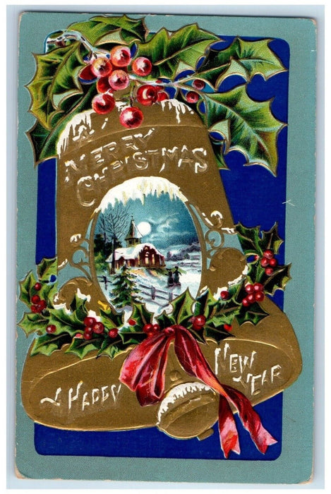 1908 Christmas Giant Bell Holly Berries Winter Snow Embossed Antique Postcard