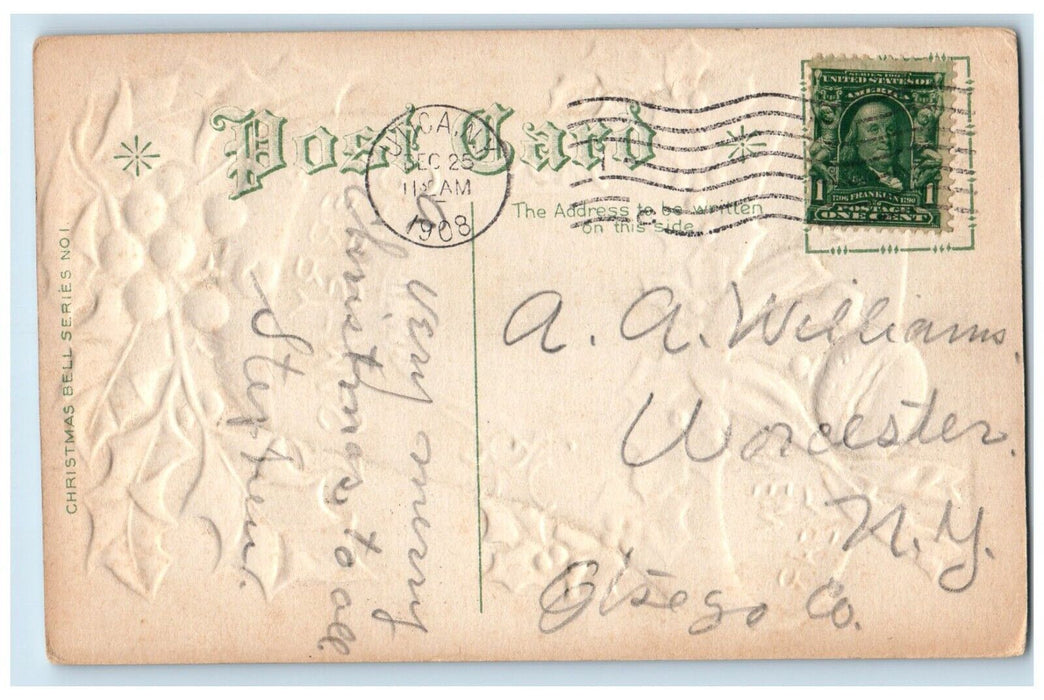 1908 Christmas Giant Bell Holly Berries Winter Snow Embossed Antique Postcard