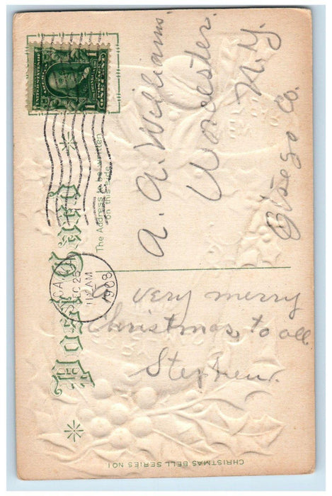 1908 Christmas Giant Bell Holly Berries Winter Snow Embossed Antique Postcard