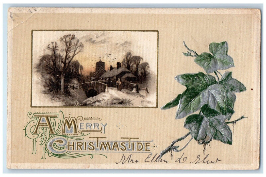 1914 Christmas Tide Ivy Winter Snow Winsch Back Embossed Antique Postcard