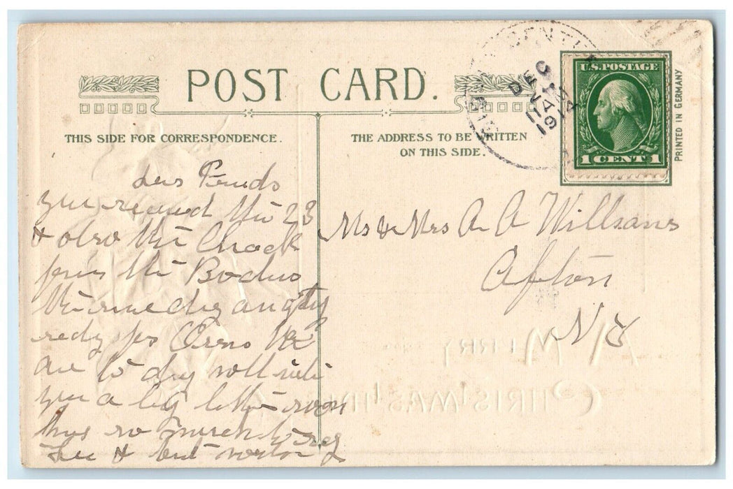1914 Christmas Tide Ivy Winter Snow Winsch Back Embossed Antique Postcard