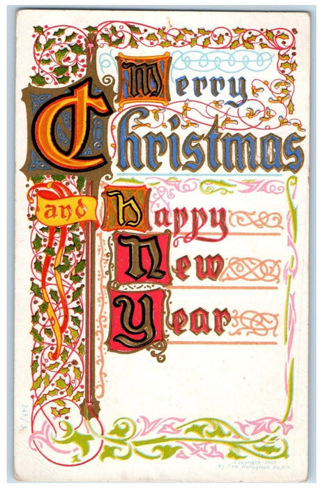 1907 Christmas And New Year Holly Berries Embossed Worcester MA Posted Postcard