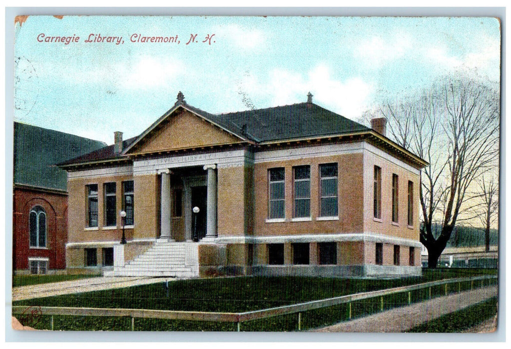 1907 Carnegie Library Claremont New Hampshire NH Walpole NH Posted Postcard