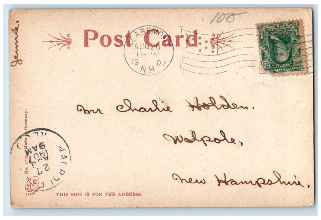 1907 Carnegie Library Claremont New Hampshire NH Walpole NH Posted Postcard