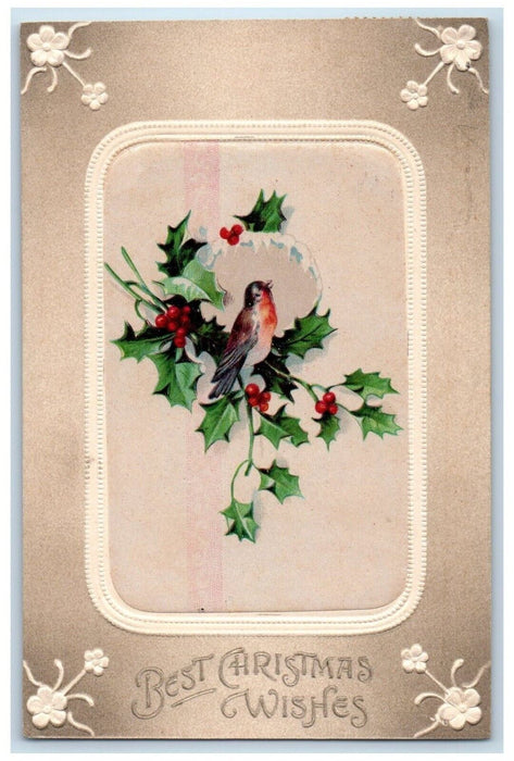 1912 Christmas Song Bird Holly Berries Flowers Winter Snow Embossed Postcard
