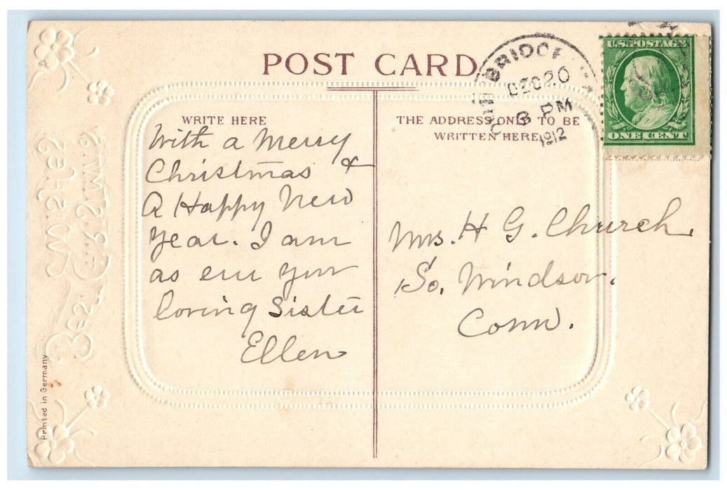 1912 Christmas Song Bird Holly Berries Flowers Winter Snow Embossed Postcard
