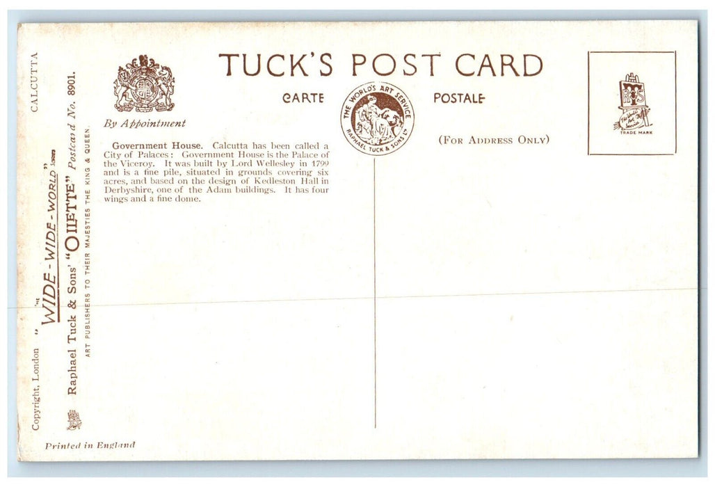 Government House Building Flowers Garden Calcutta India Oilette Tuck's Postcard