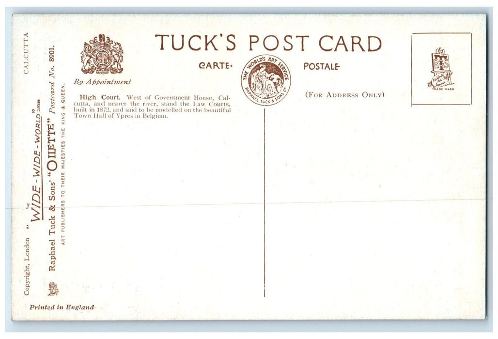 High Court Building Front Lake Calcutta India Oilette Tuck's Antique Postcard