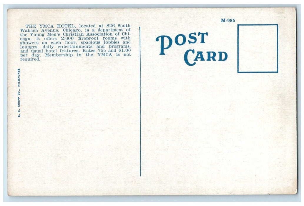 c1920 Lunch Room YMCA Hotel South Wabash Avenue Bar Chicago Illinois IL Postcard