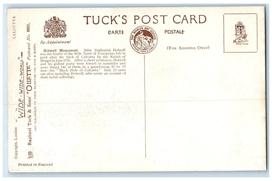 Howell Monument Trolley Horse Wagon Calcutta India Oilette Tuck's Postcard