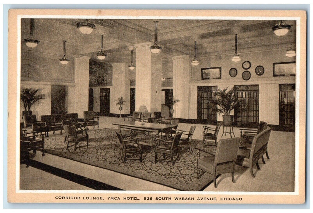 c1940 Corridor Lounge YMCA Hotel South Wabash Avenue Chicago Illinois Postcard