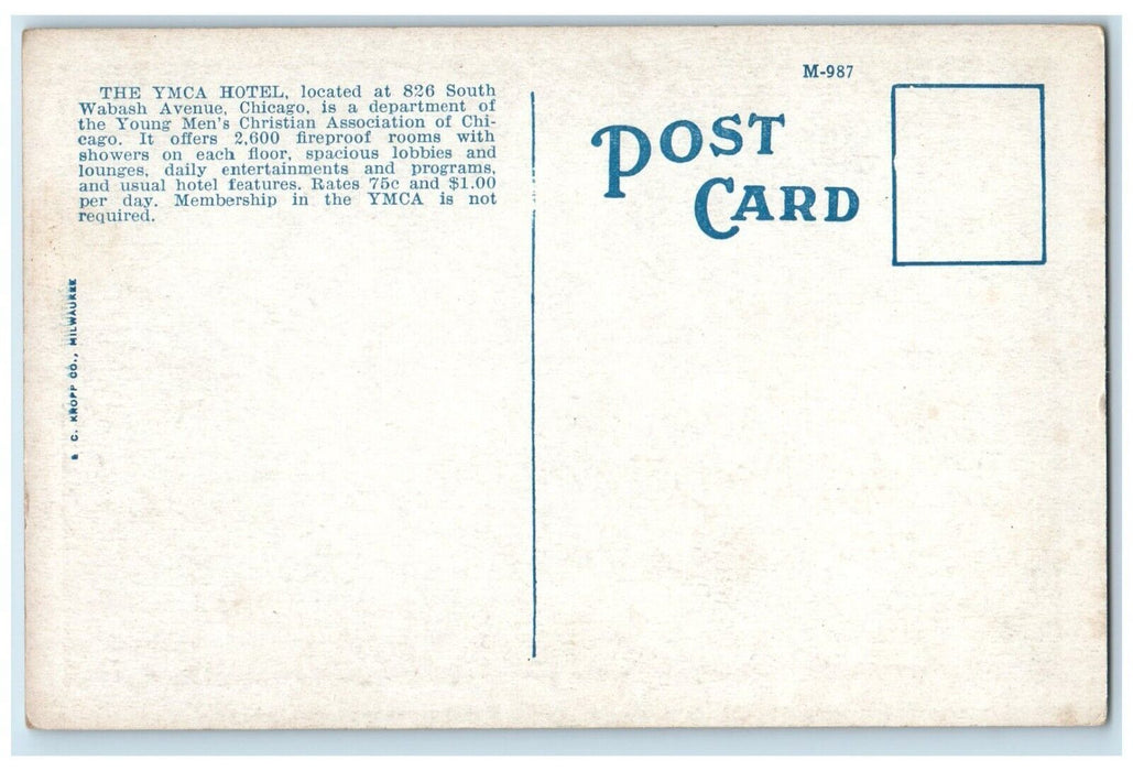 c1940 Corridor Lounge YMCA Hotel South Wabash Avenue Chicago Illinois Postcard