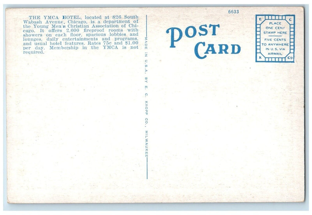 c1940 One Dining Rooms YMCA Hotel South Wabash Avenue Chicago Illinois Postcard