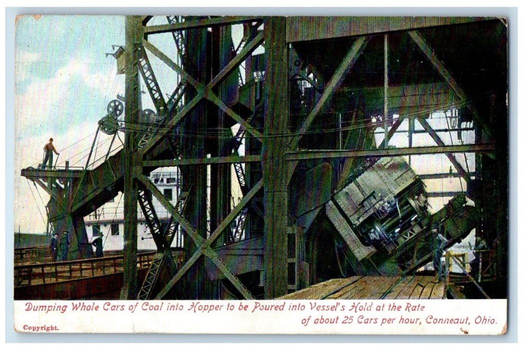 c1905 Dumping Whole Cars Coal Hopper Vessels Cars Conneaut Ohio Vintage Postcard