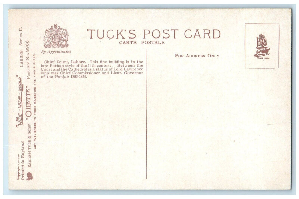 c1910's Chief Court Building Lahore Punjab India Oilette Tuck's Antique Postcard